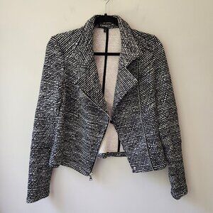 EXPRESS Knit Moto Jacket | Black and White Tweed Asymmetrical Zip Notch Collar